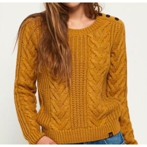 Superdr Mustard Gold Yellow Cable Knit Cropped Sweater Large Button Detail